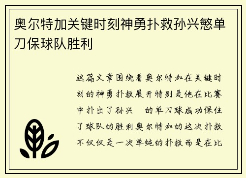 奥尔特加关键时刻神勇扑救孙兴慜单刀保球队胜利