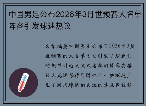 中国男足公布2026年3月世预赛大名单阵容引发球迷热议