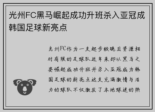 光州FC黑马崛起成功升班杀入亚冠成韩国足球新亮点