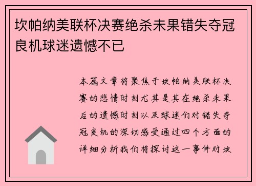 坎帕纳美联杯决赛绝杀未果错失夺冠良机球迷遗憾不已