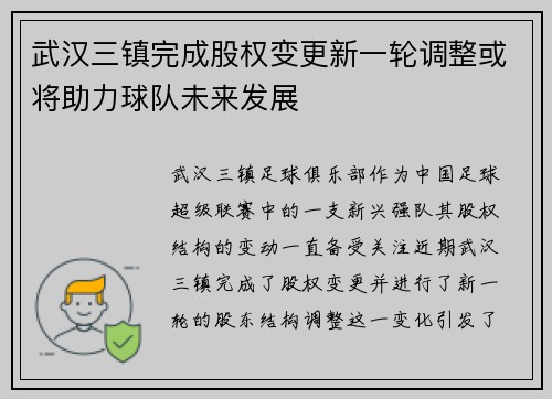 武汉三镇完成股权变更新一轮调整或将助力球队未来发展